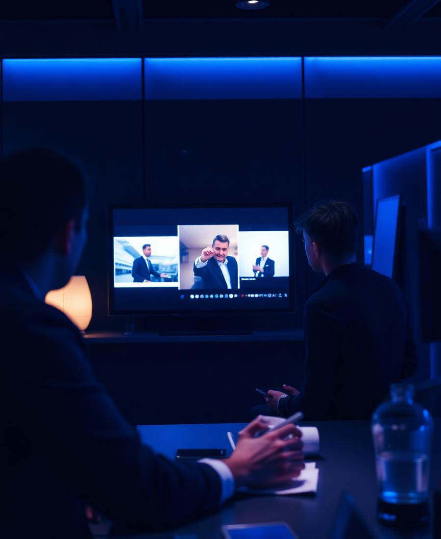 A brand team reviewing campaign creative under indigo lighting