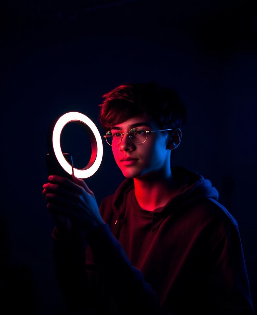 A creator filming content under indigo studio lighting